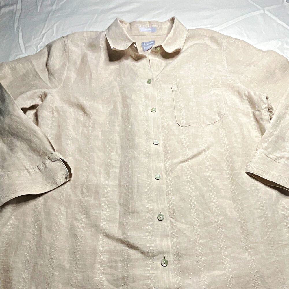 Chico’s Women’s 12 Beige Solid Linen Non-Iron Collared 3/4 Sleeve Button-Up( 114